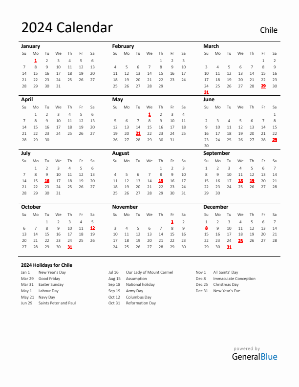 Standard Holiday Calendar for 2024 with Chile Holidays