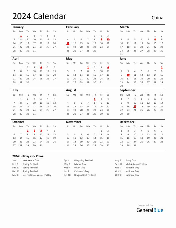 Standard Holiday Calendar for 2024 with China Holidays 