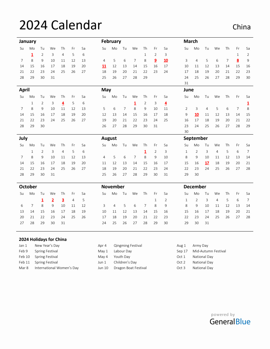 Standard Holiday Calendar for 2024 with China Holidays