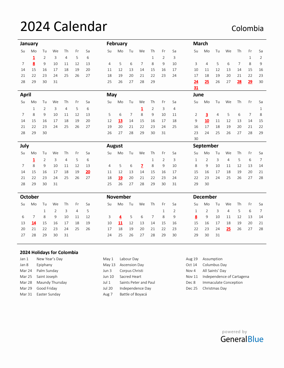 Standard Holiday Calendar for 2024 with Colombia Holidays