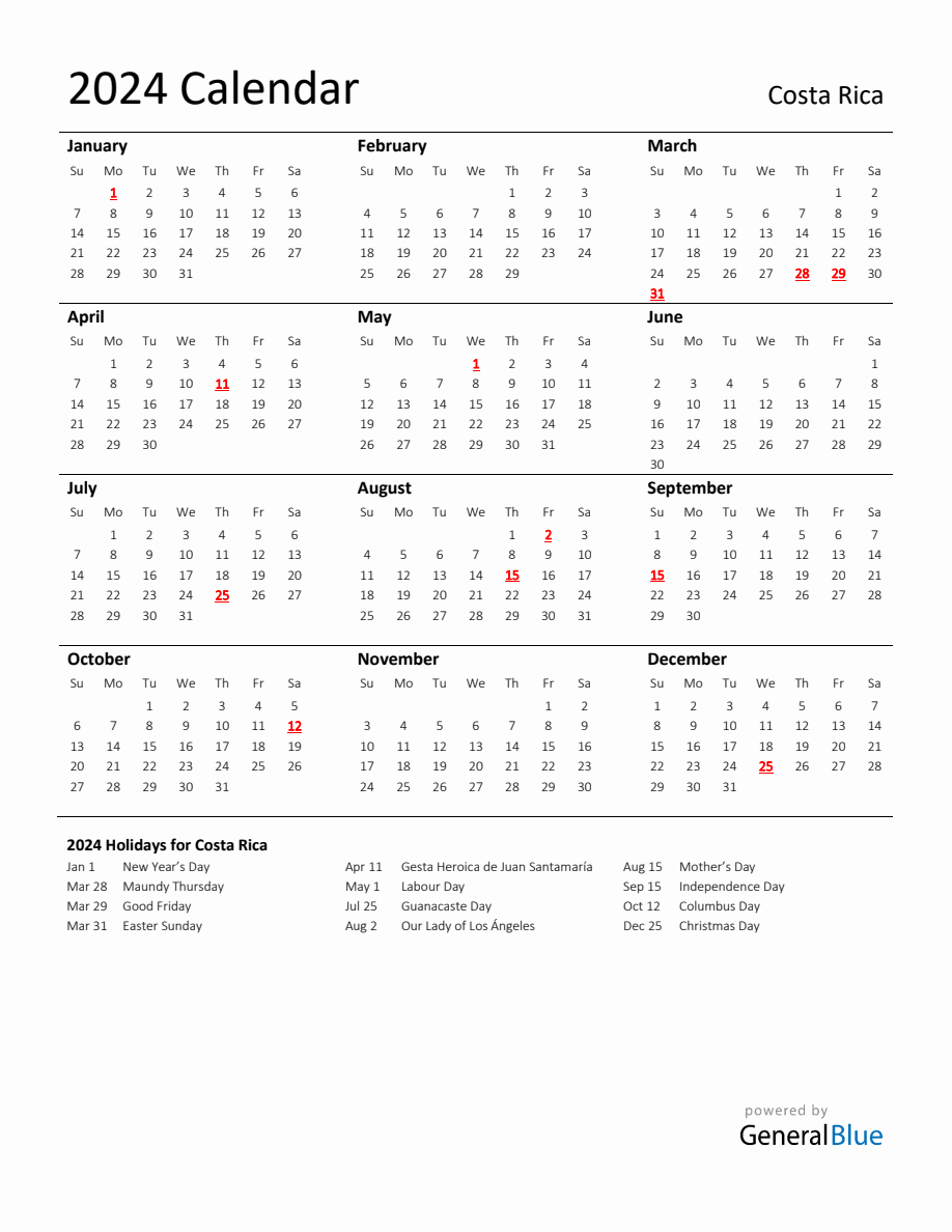 Standard Holiday Calendar for 2024 with Costa Rica Holidays