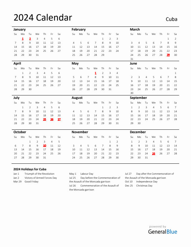 Standard Holiday Calendar for 2024 with Cuba Holidays 