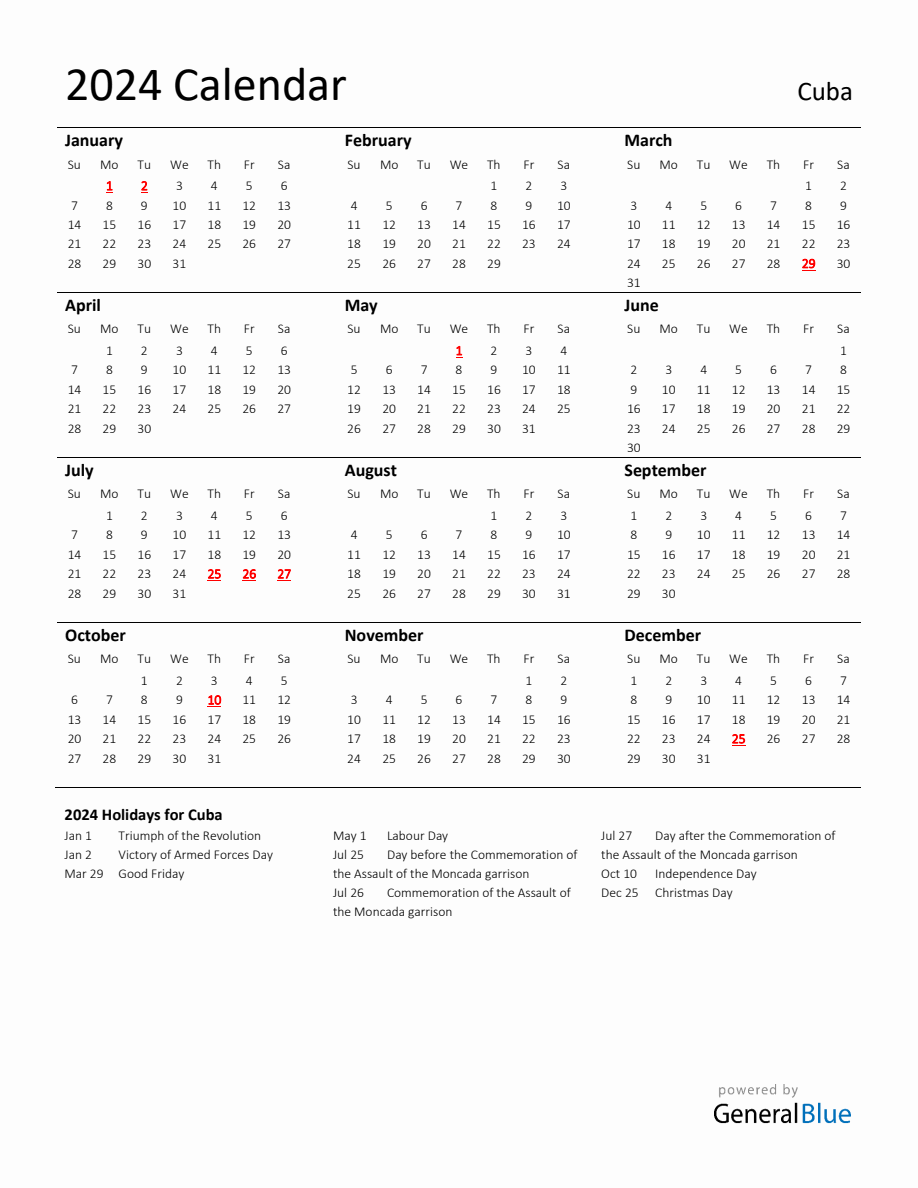 Standard Holiday Calendar for 2024 with Cuba Holidays