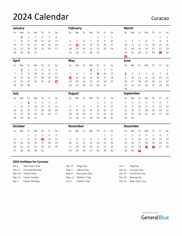 Standard Holiday Calendar for 2024 with Curacao Holidays 
