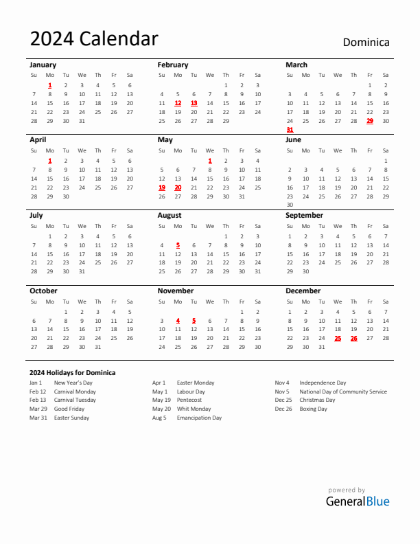 Standard Holiday Calendar for 2024 with Dominica Holidays 