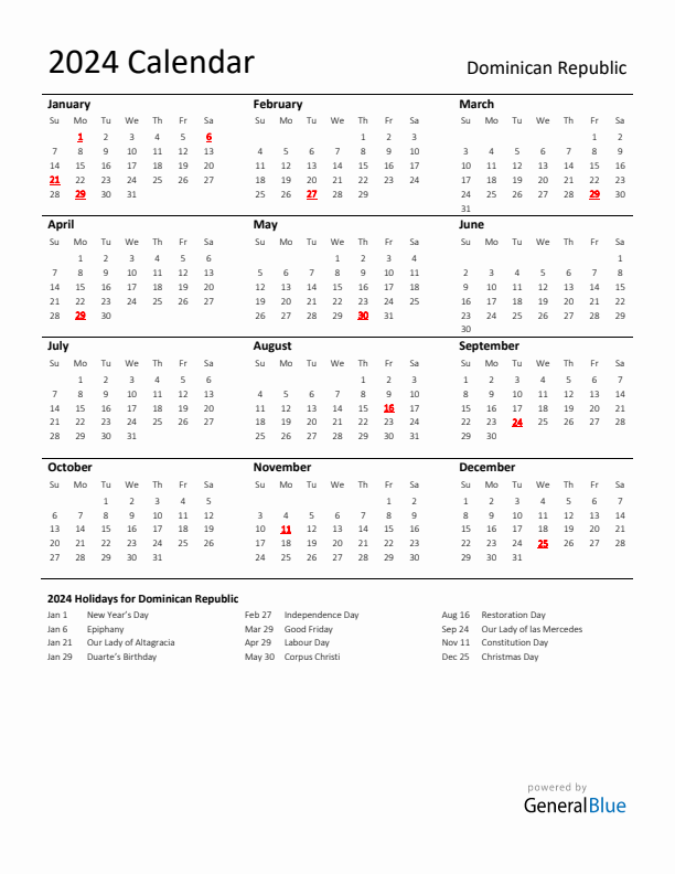 Standard Holiday Calendar for 2024 with Dominican Republic Holidays 