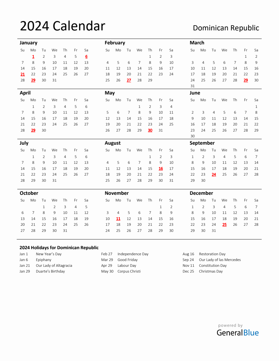 Standard Holiday Calendar for 2024 with Dominican Republic Holidays