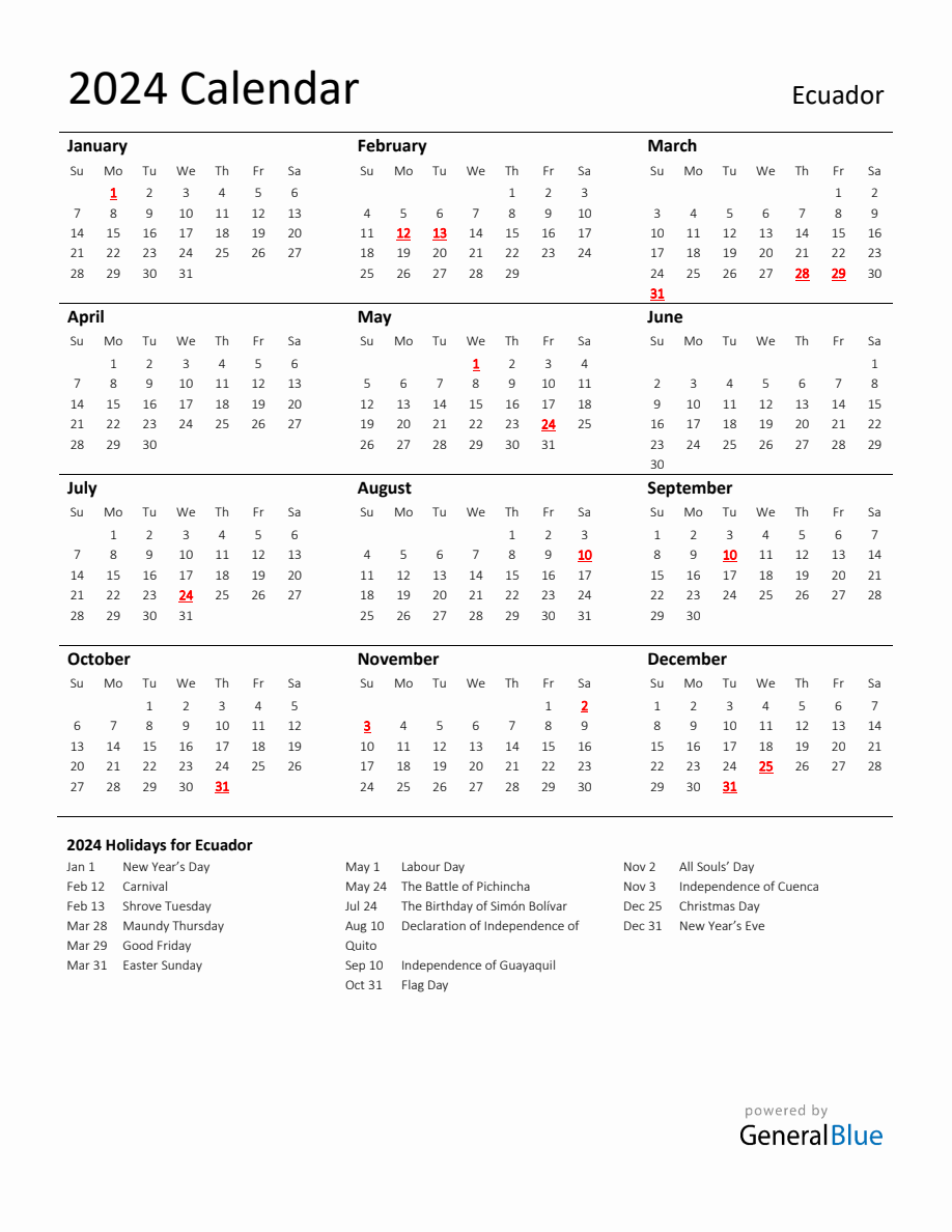 Standard Holiday Calendar for 2024 with Ecuador Holidays