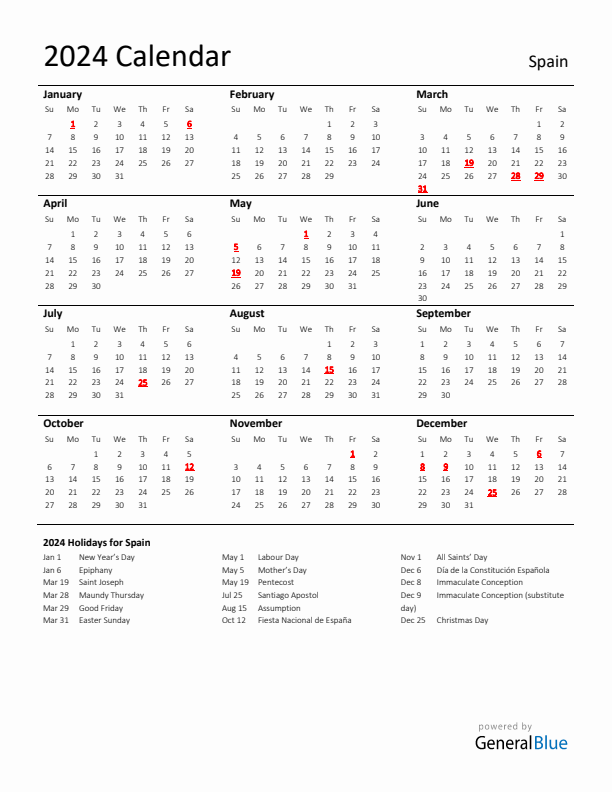 Standard Holiday Calendar for 2024 with Spain Holidays 