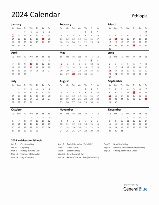 Standard Holiday Calendar for 2024 with Ethiopia Holidays 