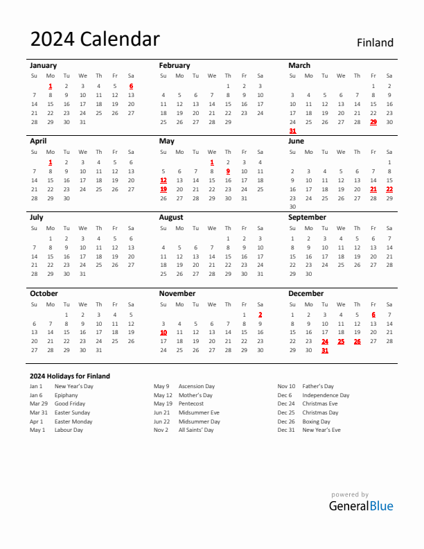Standard Holiday Calendar for 2024 with Finland Holidays 