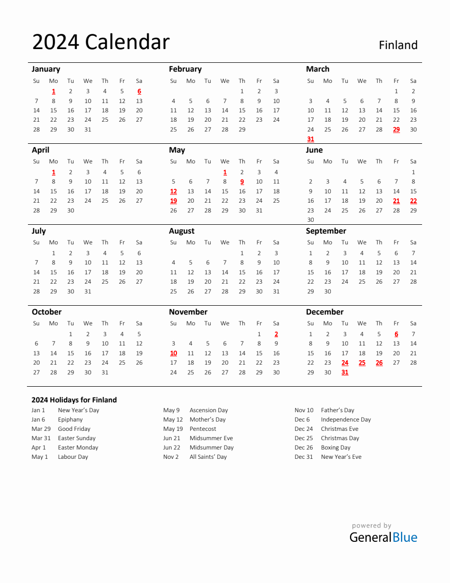 Standard Holiday Calendar For 2024 With Finland Holidays   2024 Calendar Standard With Holidays Portrait Sunday Start En Fi 918x1188 