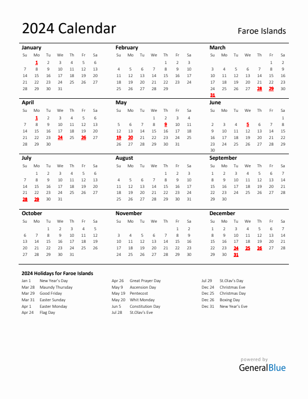 Standard Holiday Calendar for 2024 with Faroe Islands Holidays