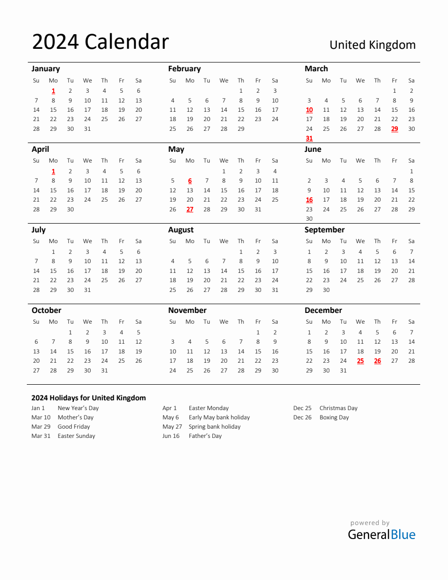 Standard Holiday Calendar for 2024 with United Kingdom Holidays