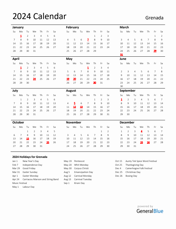 Standard Holiday Calendar for 2024 with Grenada Holidays 