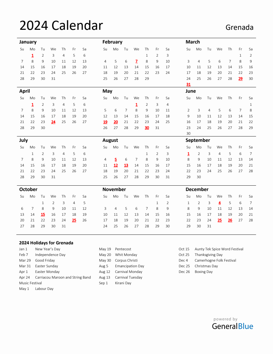 Standard Holiday Calendar for 2024 with Grenada Holidays