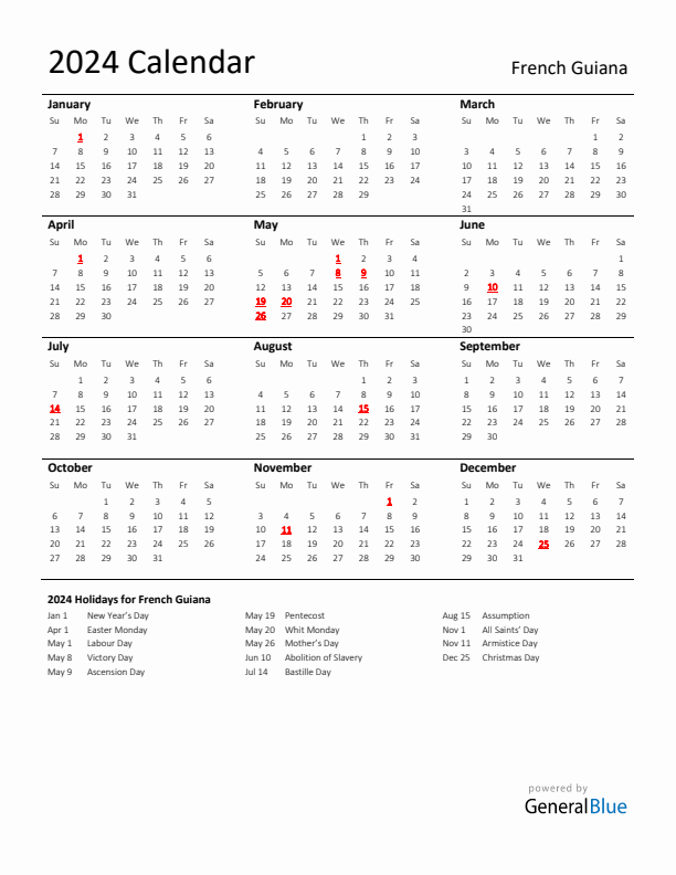 Standard Holiday Calendar for 2024 with French Guiana Holidays