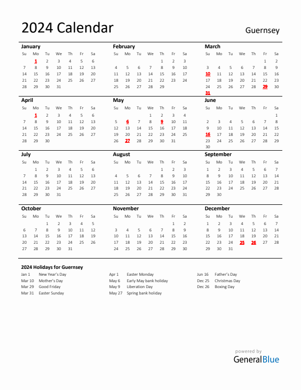 Standard Holiday Calendar for 2024 with Guernsey Holidays 