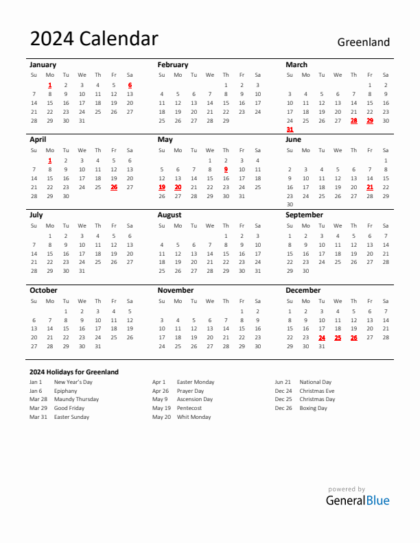 Standard Holiday Calendar for 2024 with Greenland Holidays 