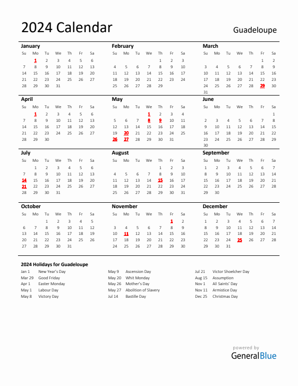 Standard Holiday Calendar for 2024 with Guadeloupe Holidays 