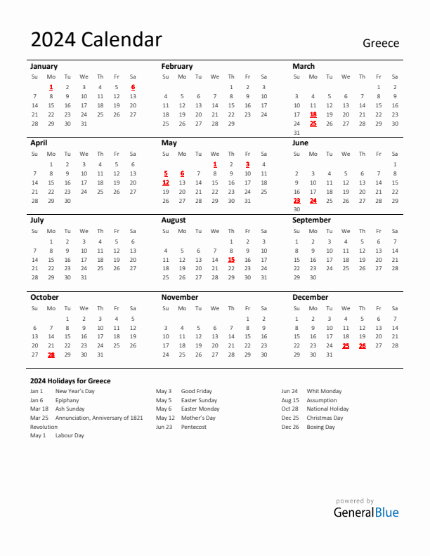 Standard Holiday Calendar for 2024 with Greece Holidays 