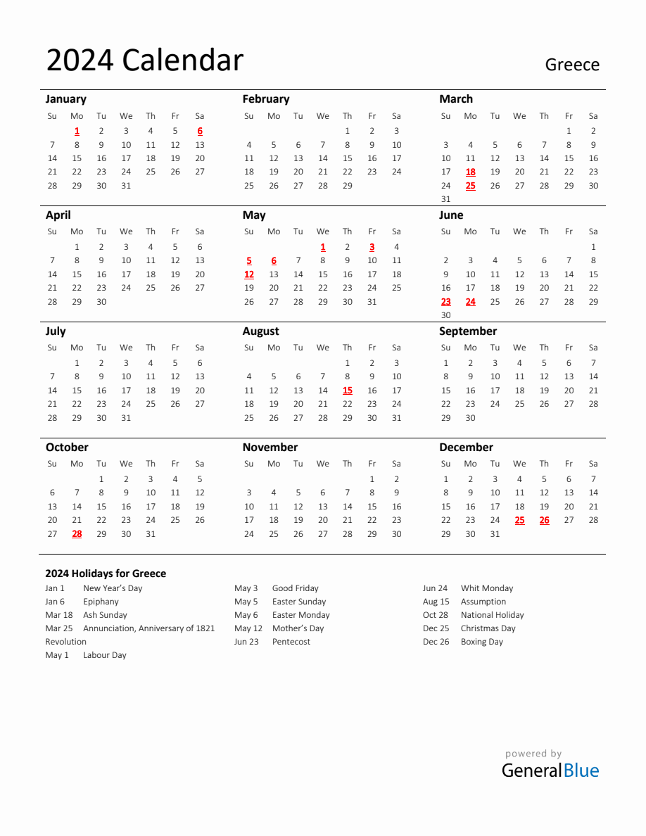 Standard Holiday Calendar for 2024 with Greece Holidays