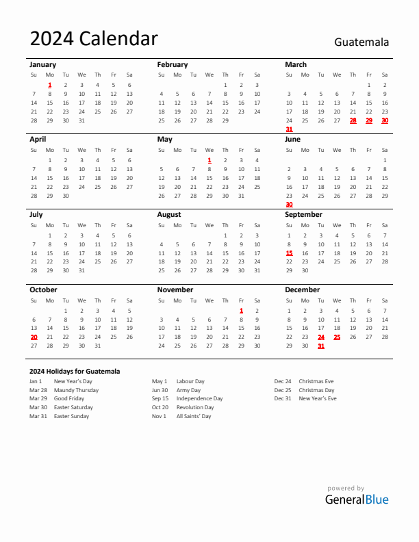 Standard Holiday Calendar for 2024 with Guatemala Holidays 