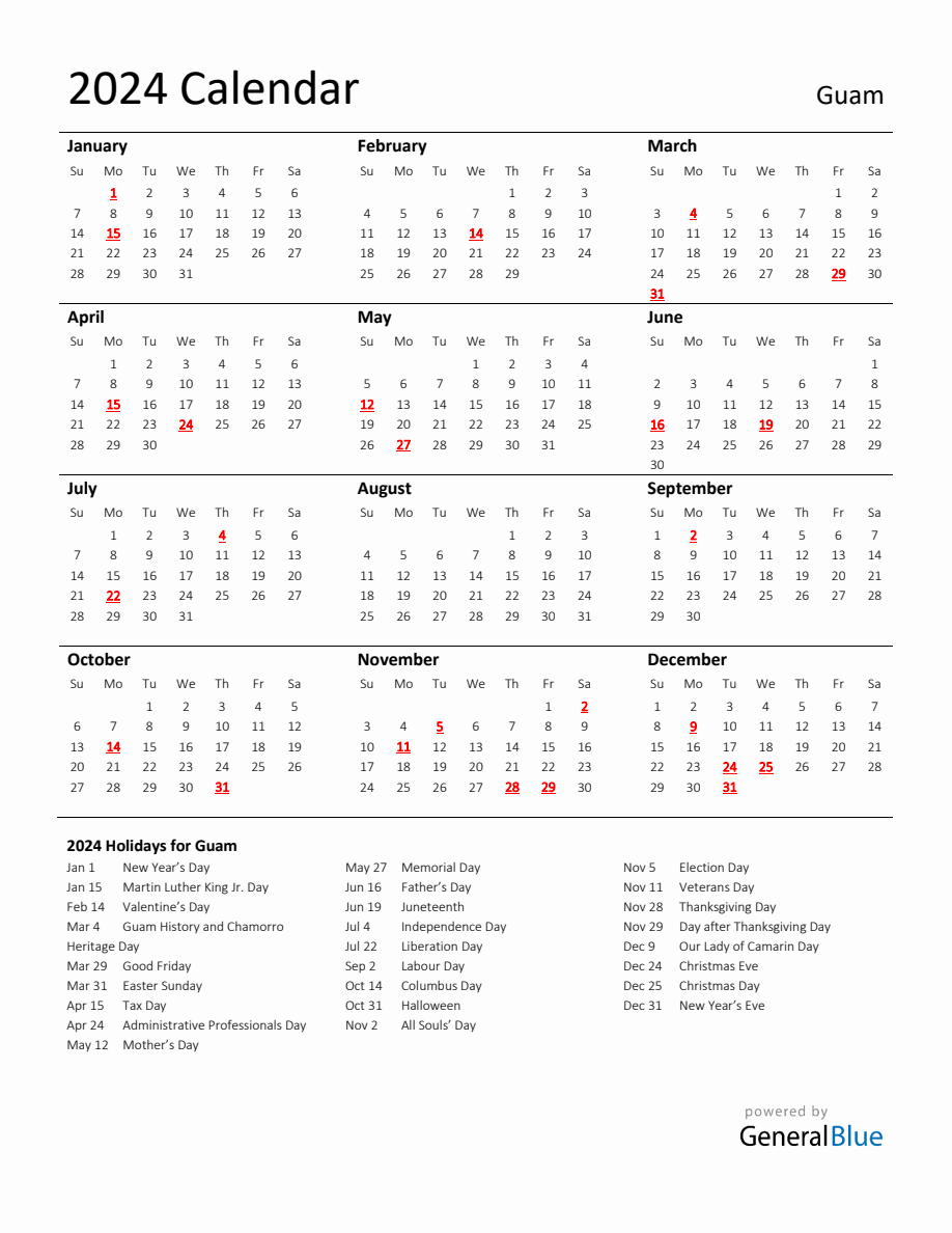 Standard Holiday Calendar for 2024 with Guam Holidays