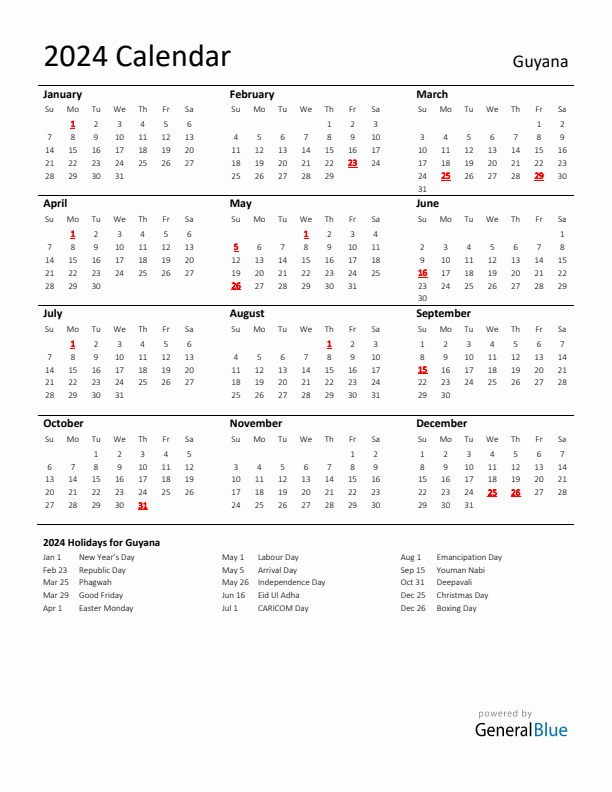 Standard Holiday Calendar for 2024 with Guyana Holidays 