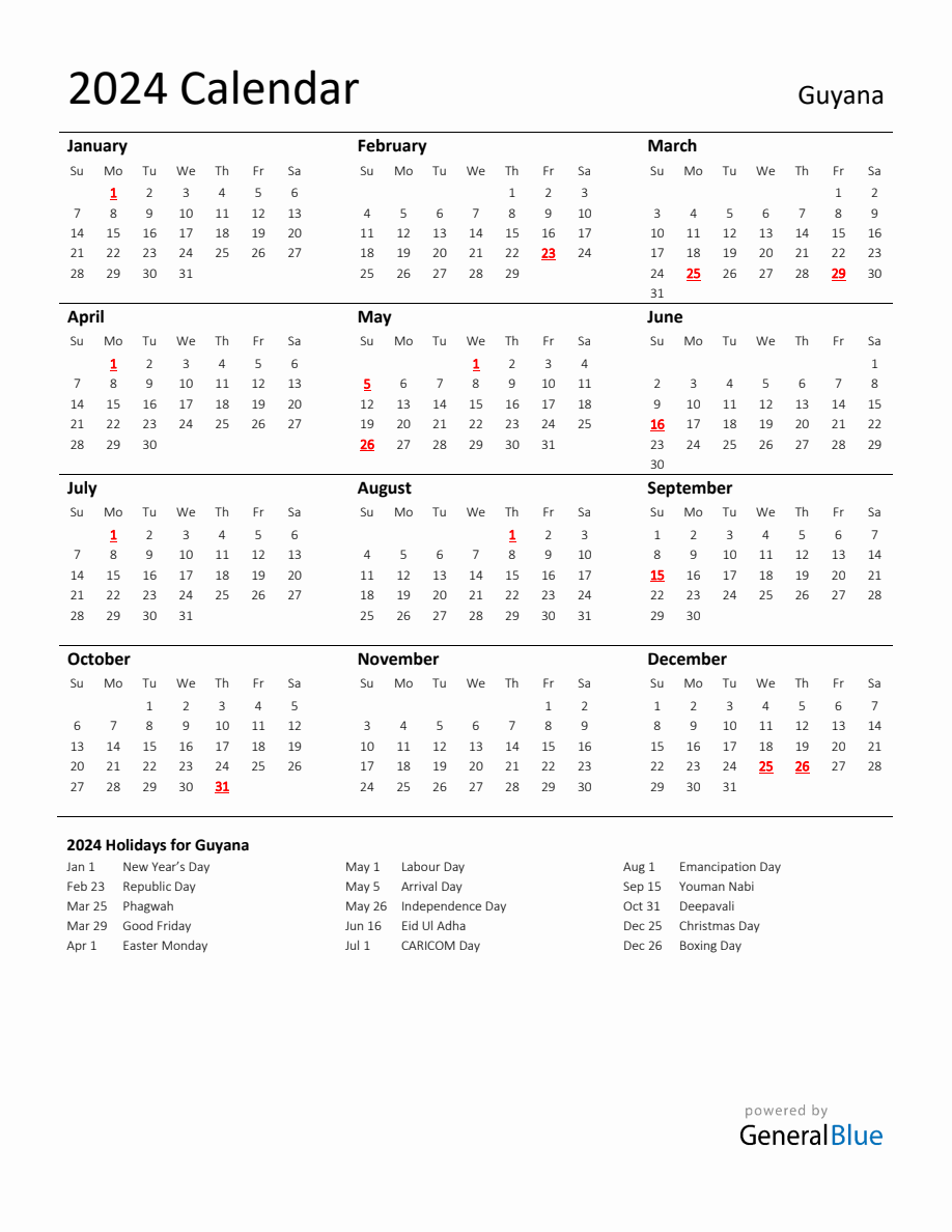 Standard Holiday Calendar for 2024 with Guyana Holidays