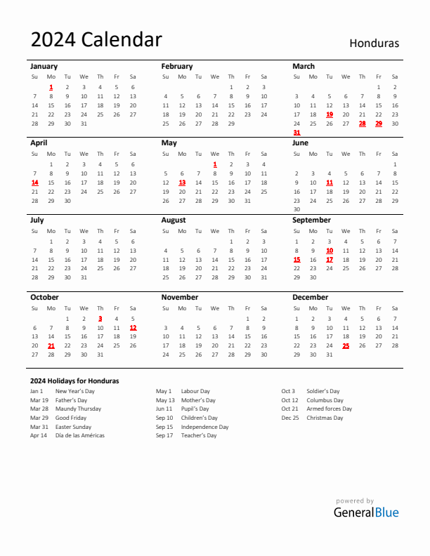 Standard Holiday Calendar for 2024 with Honduras Holidays 