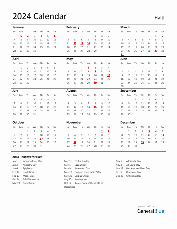 Standard Holiday Calendar for 2024 with Haiti Holidays 