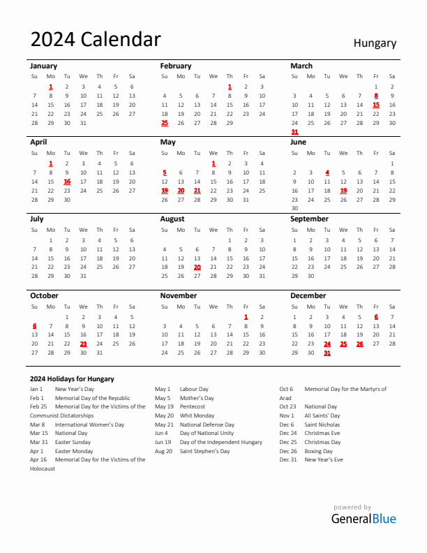 Standard Holiday Calendar for 2024 with Hungary Holidays 