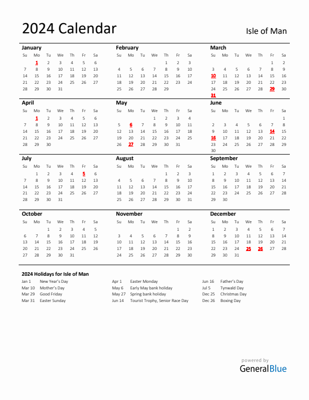Standard Holiday Calendar for 2024 with Isle of Man Holidays 