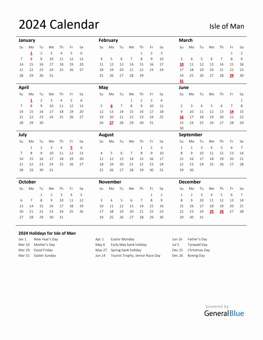 Standard Holiday Calendar for 2024 with Isle of Man Holidays