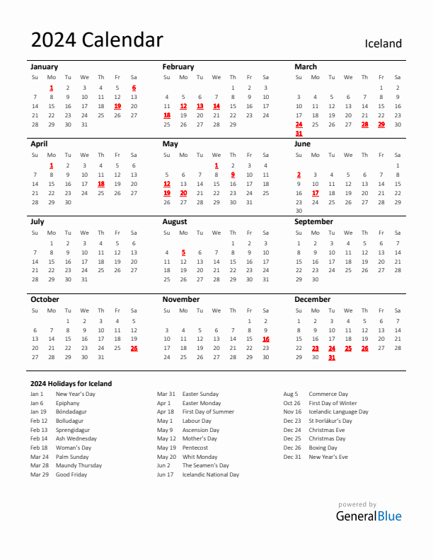 Standard Holiday Calendar for 2024 with Iceland Holidays 