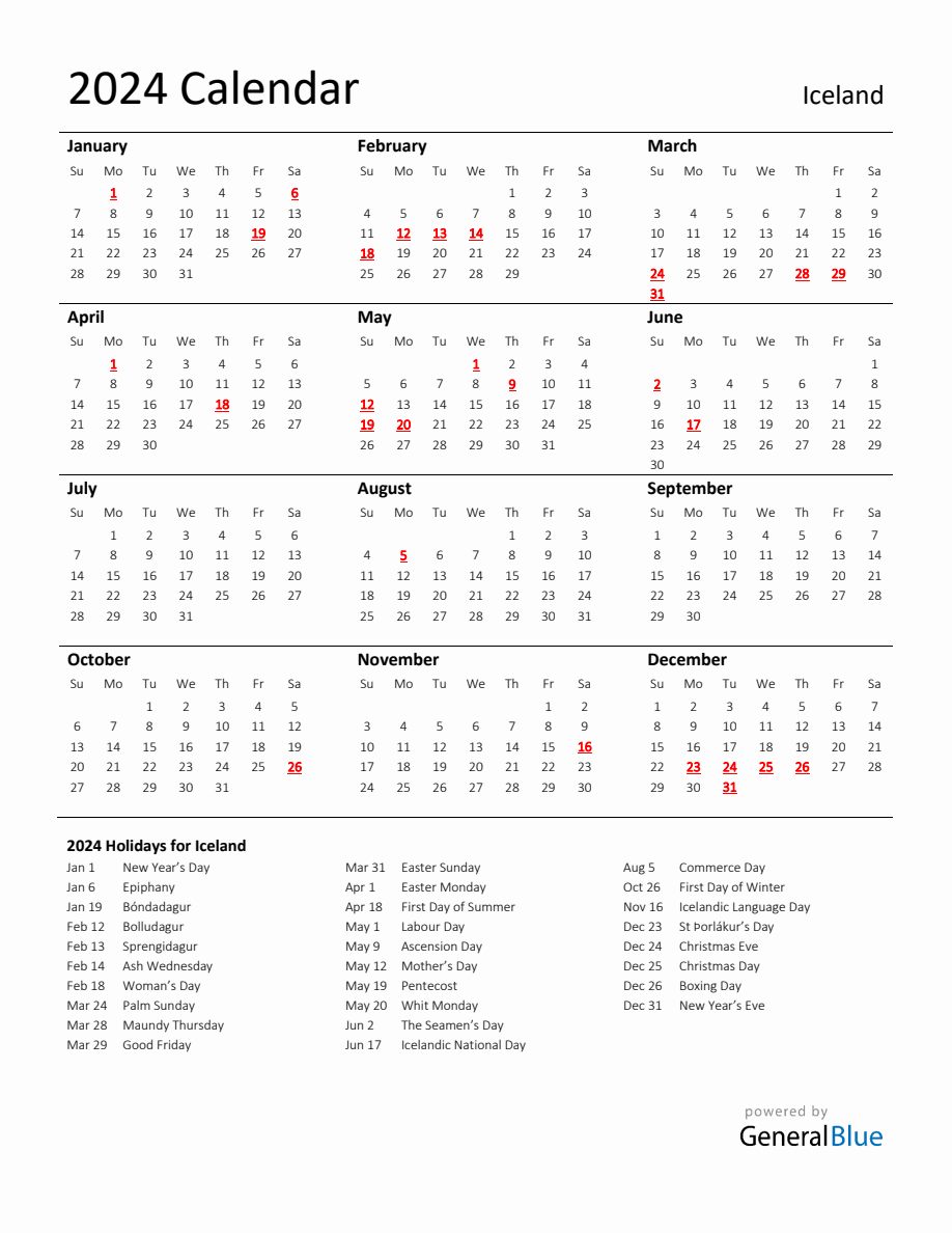 Standard Holiday Calendar for 2024 with Iceland Holidays