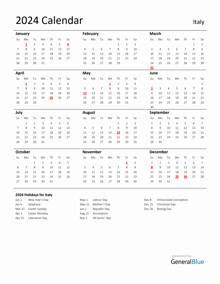 Standard Holiday Calendar for 2024 with Italy Holidays