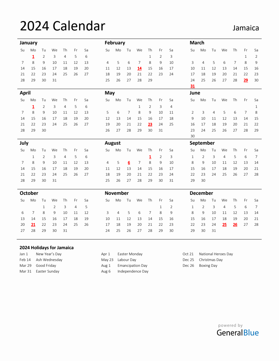 Standard Holiday Calendar for 2024 with Jamaica Holidays