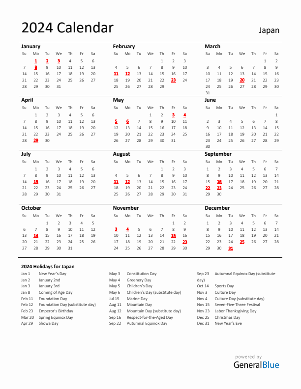 Standard Holiday Calendar for 2024 with Japan Holidays 