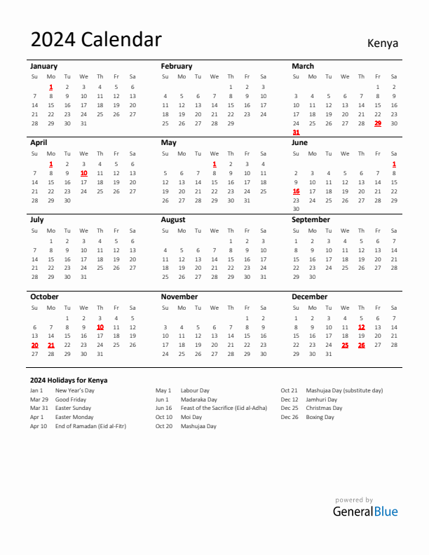 Standard Holiday Calendar for 2024 with Kenya Holidays 