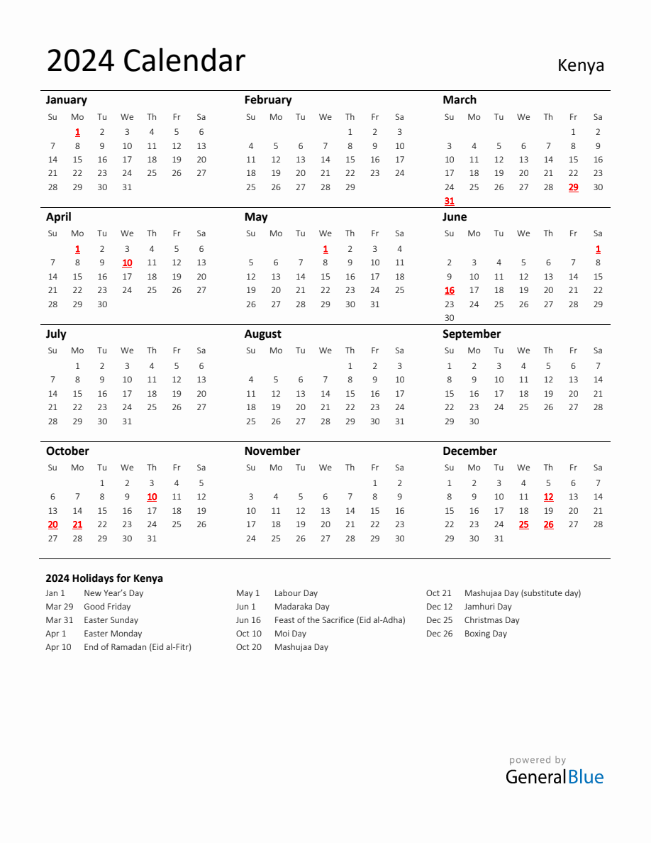 Standard Holiday Calendar for 2024 with Kenya Holidays