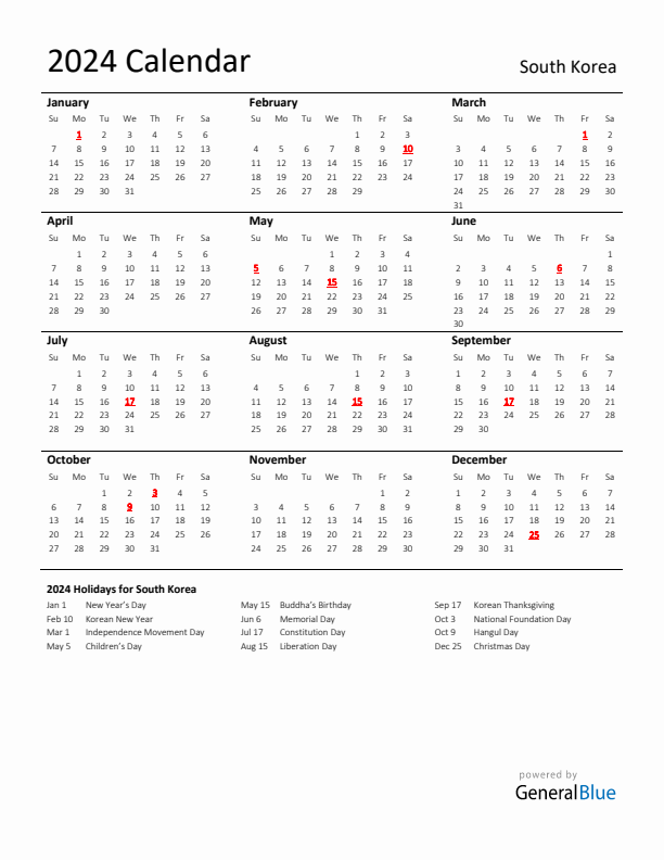 Standard Holiday Calendar for 2024 with South Korea Holidays 