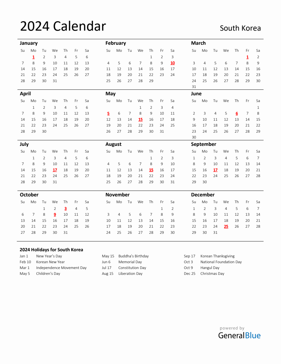 Standard Holiday Calendar for 2024 with South Korea Holidays