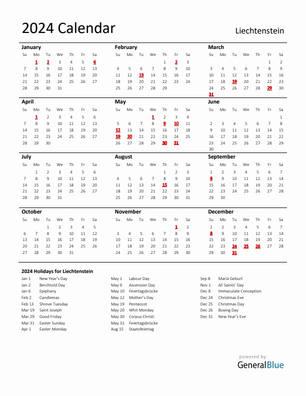 Standard Holiday Calendar for 2024 with Liechtenstein Holidays 