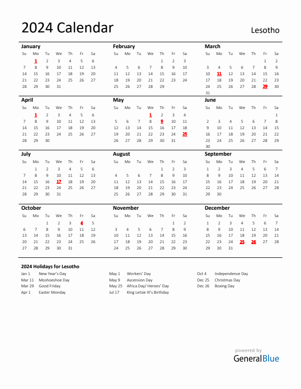 Standard Holiday Calendar for 2024 with Lesotho Holidays 