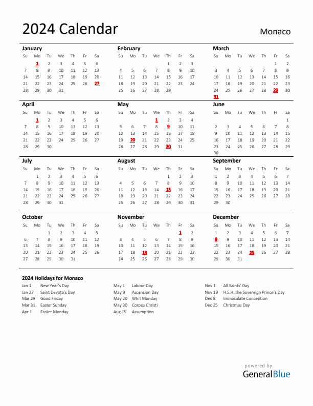 Standard Holiday Calendar for 2024 with Monaco Holidays 