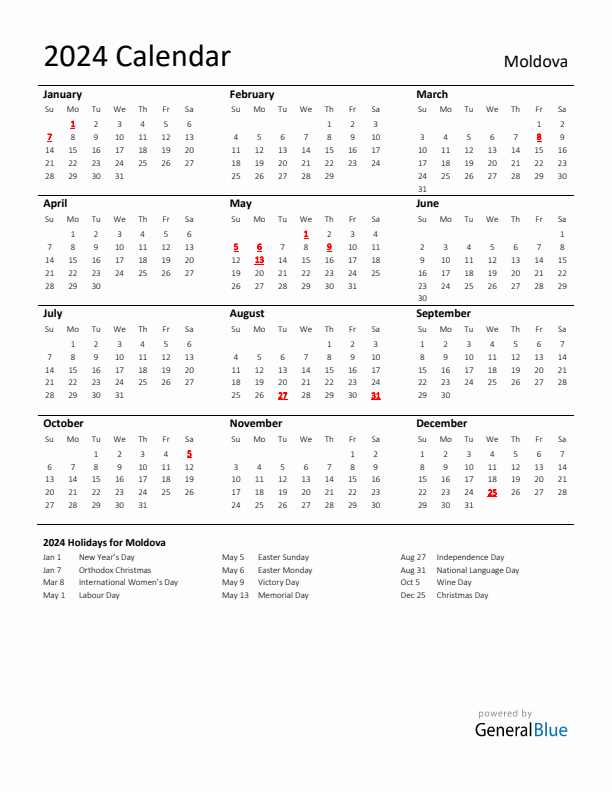 Standard Holiday Calendar for 2024 with Moldova Holidays 
