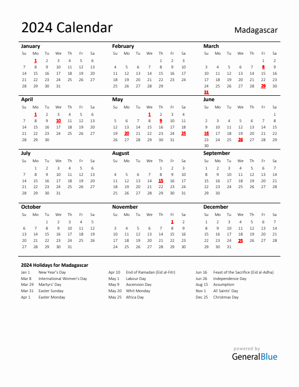Standard Holiday Calendar for 2024 with Madagascar Holidays 