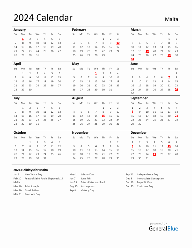 2024 Malta Calendar with Holidays